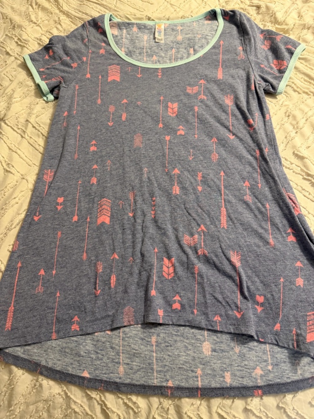 LuLaRoe Heather Blue Arrow Tee with Mint Trim